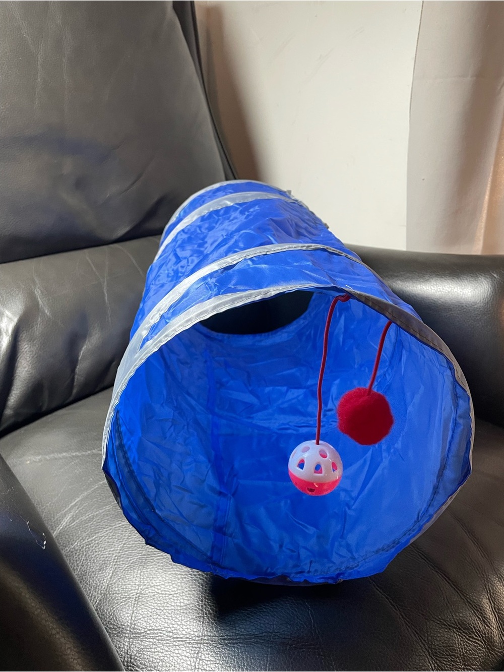 Blue Collapsible Interactive Cat Play Tunnel Tube w/ Hanging Ball & Pom Pom